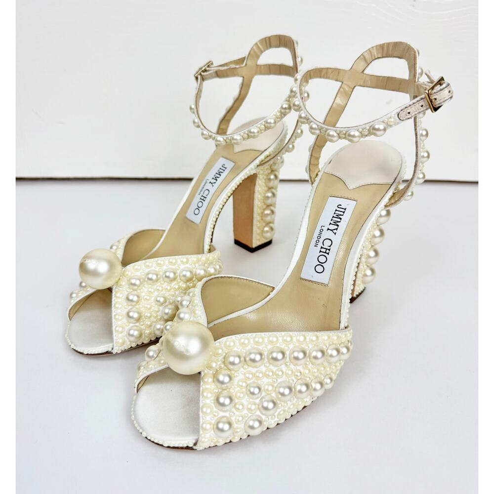 ❗️SOLD❗️JIMMY CHOO SACARIA 100 PEARL EMBELLISHED BLOCK HEEL SANDALS - Picture 2 of 11